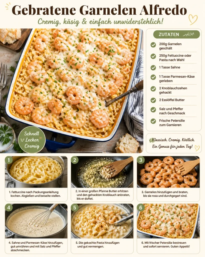 Leckeres Gericht Garnelen Alfredo mit gebratenen Garnelen