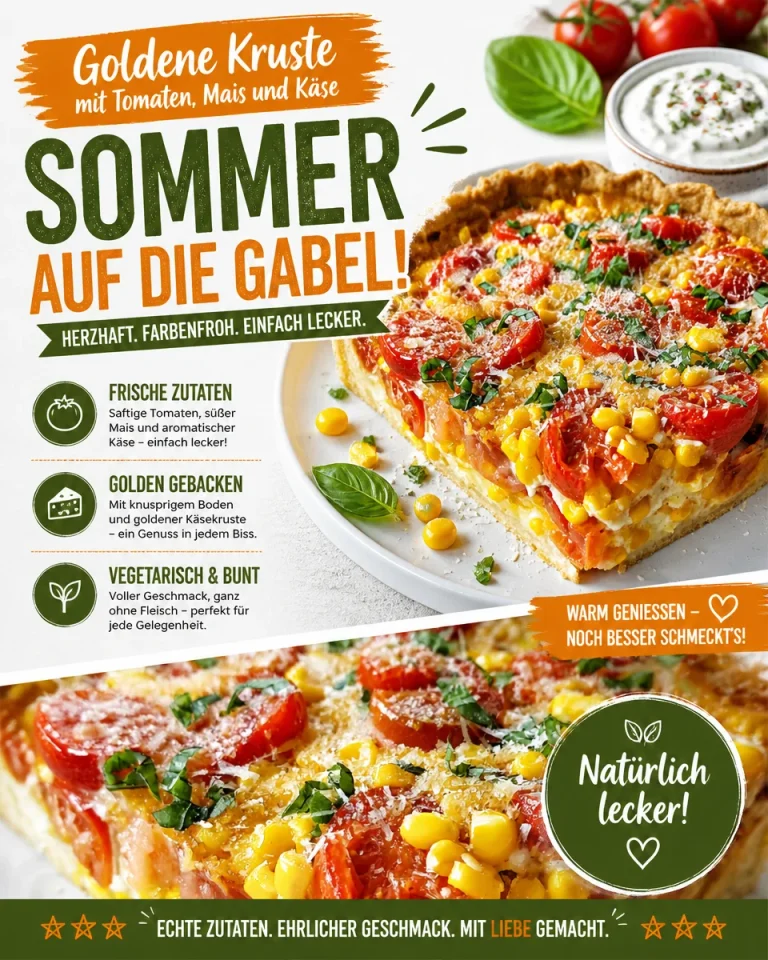 Goldene Kruste mit Tomaten, Mais und Käse - ein köstliches Rezept