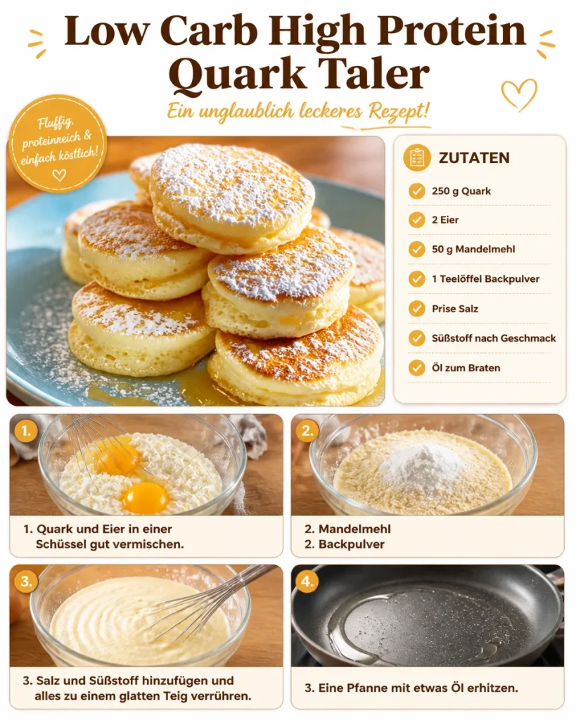 Hoher Protein Quark Taler auf einem Teller mit frischen Zutaten