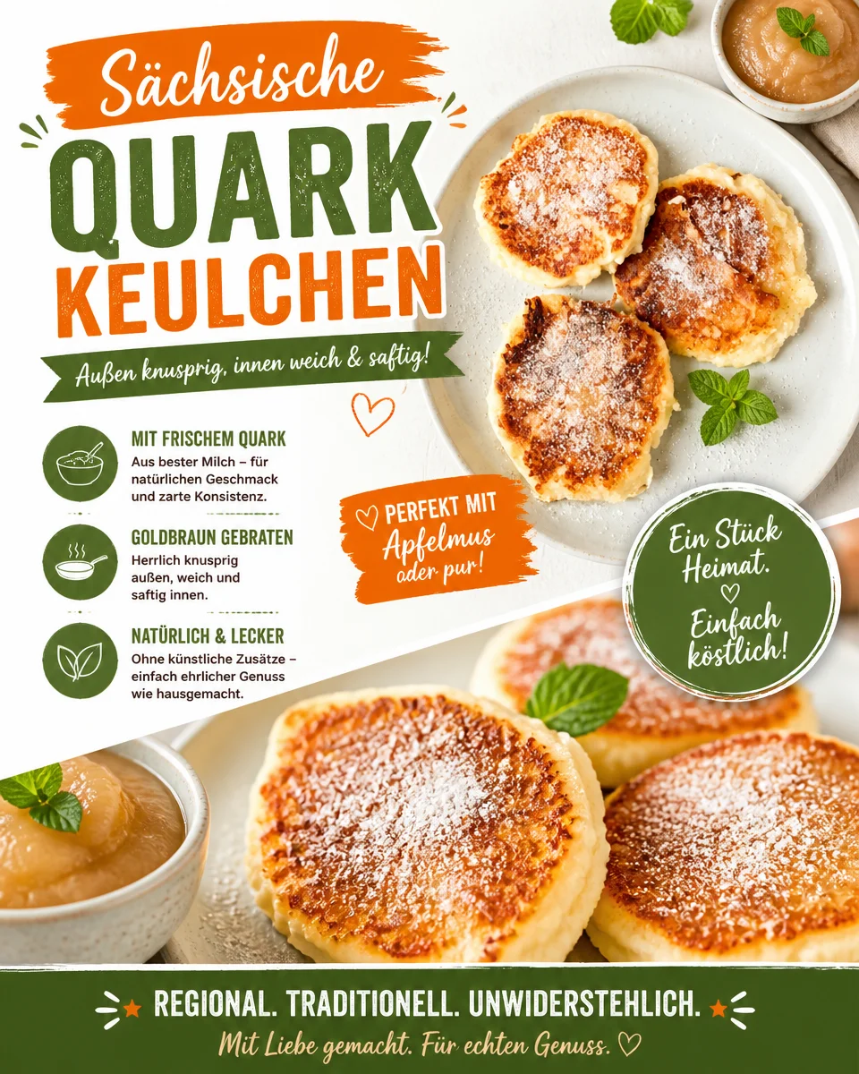 Sächsische Quarkkeulchen frisch auf dem Teller serviert.