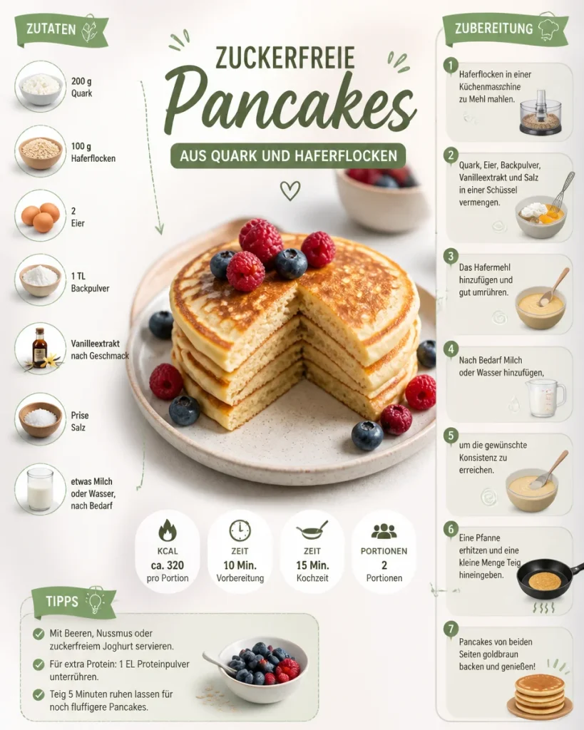 Zuckerfreie Pancakes aus Quark und Haferflocken auf einem Teller